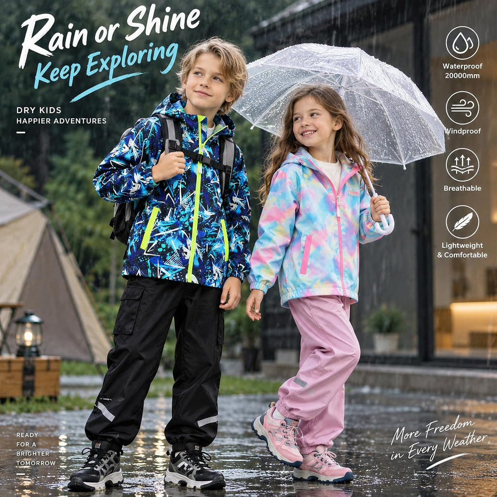 Kids Rain Jacket Waterproof Windbreaker Zipper Coat for Boys Girls
