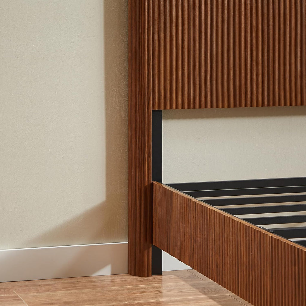 Wood Bed Frame with Headboard, Modern Retro Walnut Platform Beds Frames, Mid Century Rustic Wooden Bedroom