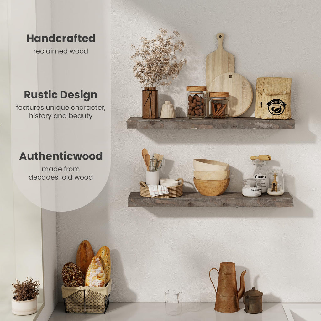 Floating Shelves, 8 Inch Deep Rustic Solid Reclaimed Wood Wall Shelves for Storage, Wall Mounted Display Shelving