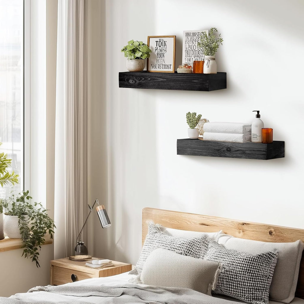 Floating Shelves, 17 x 7 Inch Fireplace Mantel, Set of 2, Black | Rustic Finish, Mounting Hardware Included, Easy