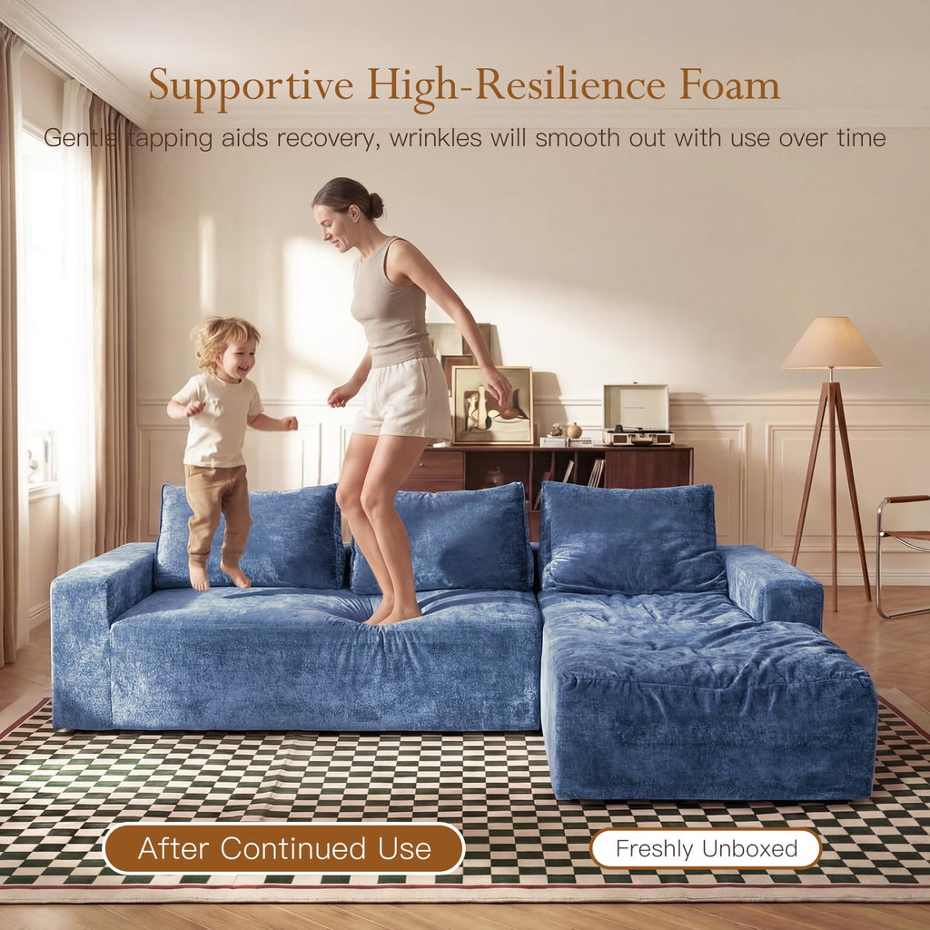 95" Boneless Couch, L-Shape Sectional with Right Chaise, Blue
