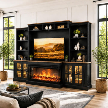 98" Farmhouse Fireplace TV Stand Fits TVs Up to 75", Black&Black