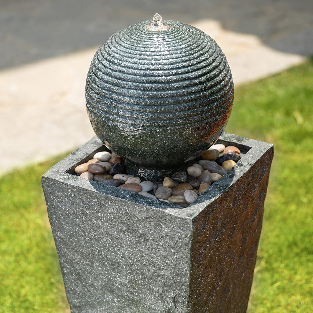 Outdoor Water Fountain with LED Light, Decorative Sphere Pedestal Outdoor Fountain with Submersible Pump
