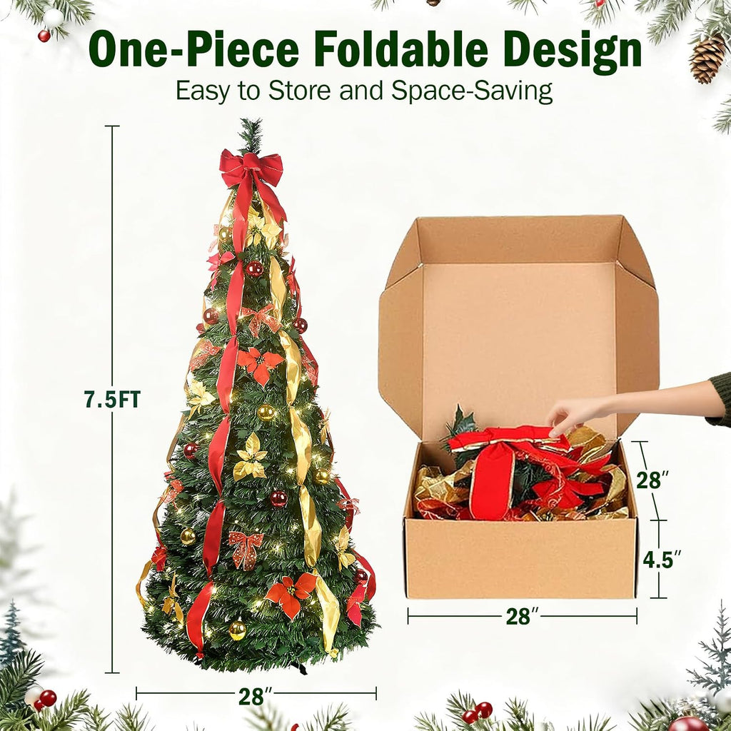 7.5Ft Prelit Pop Up Christmas Tree Decoration, Collapsible Artificial Xmas Tree with 200 Warm Lights, Pre Decorated