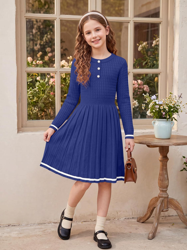 Girls Sweater Dress Long Sleeve Button A-Line Fall Winter Knit Dress
