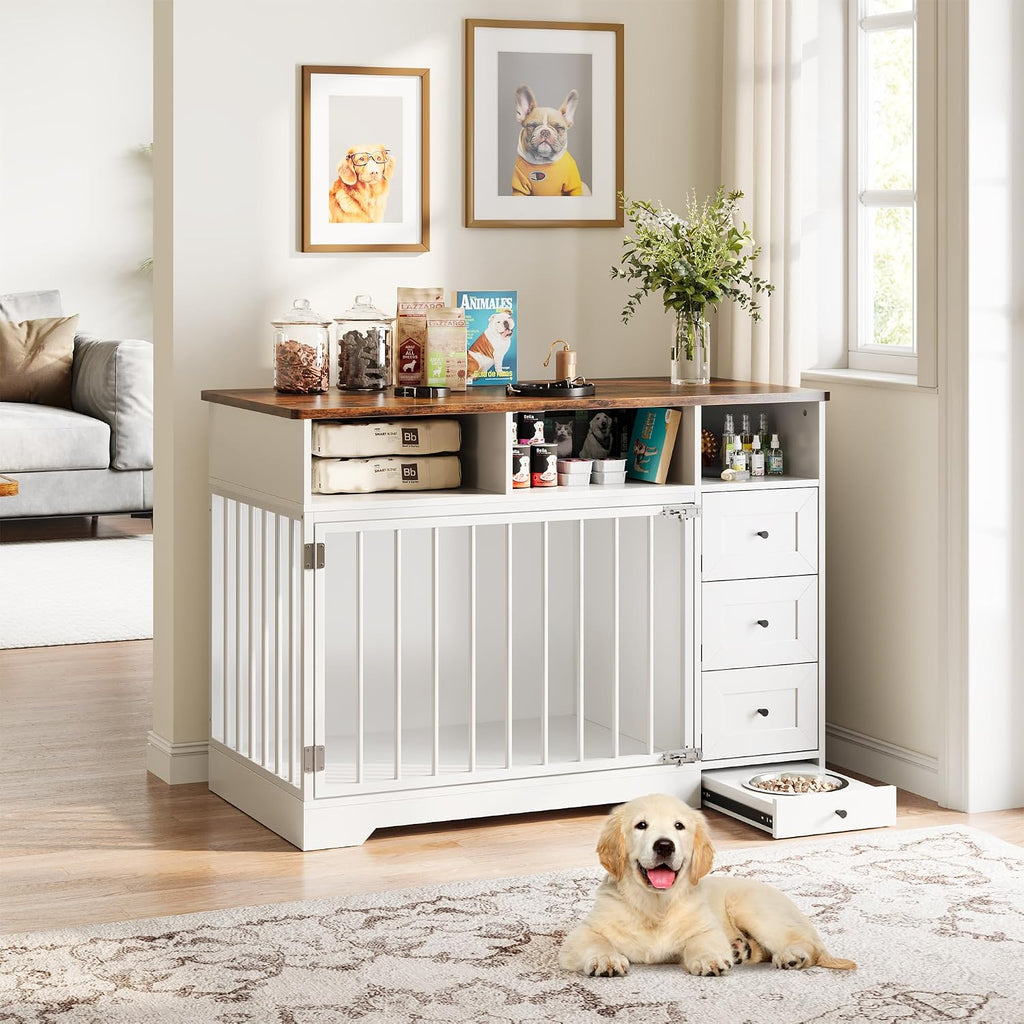 Heavy Duty Wooden Dog Crate Furniture End Table - Farmhouse Style Indoor Dog Bed with Bowls & Storage Drawers