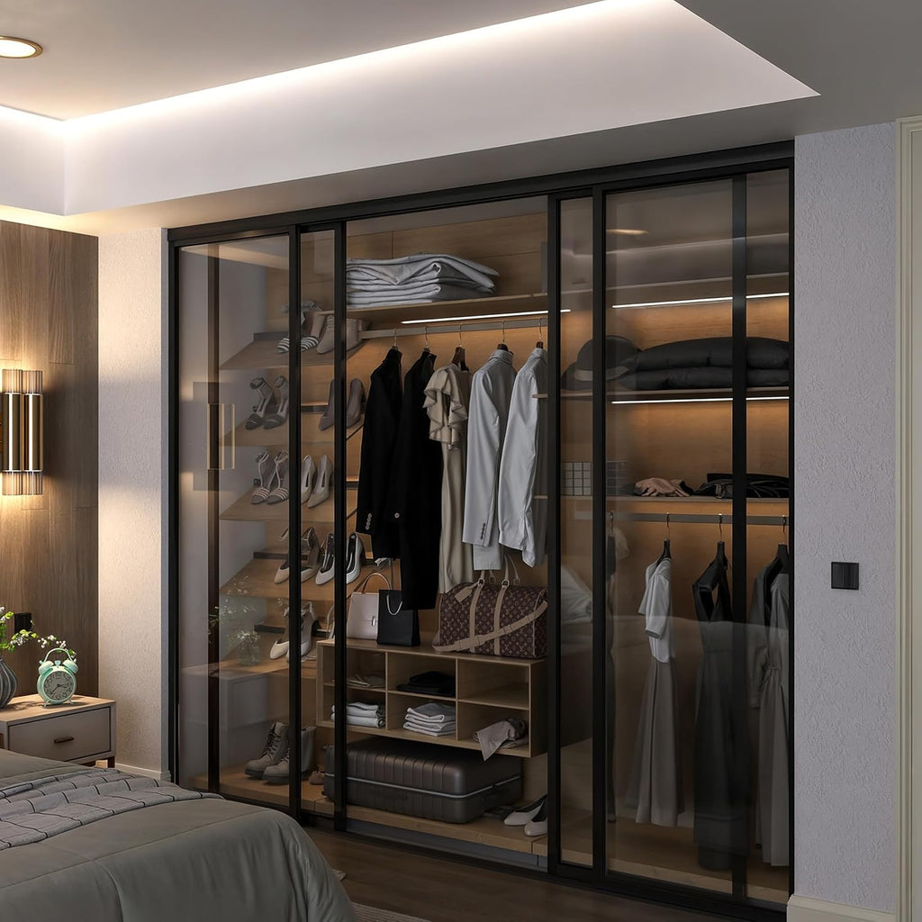 Door55 4 Panel Glass Sliding Closet Doors with Aluminum Frame, Silent Glide Technology, Bedroom Clos