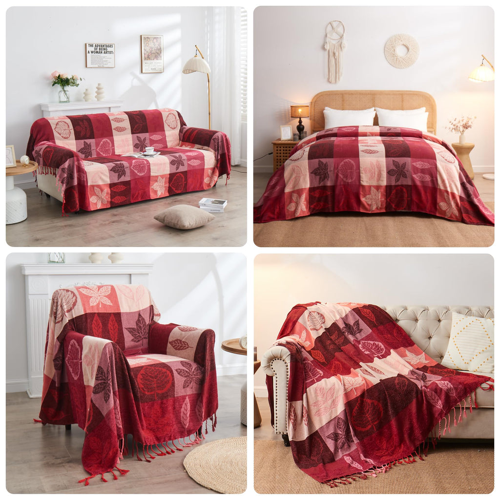 Bohemian Chenille Jacquard Tassel Throws - Reversible Red&Pink Maple Leaf Design for Boho Hippie Vibes - Oversized