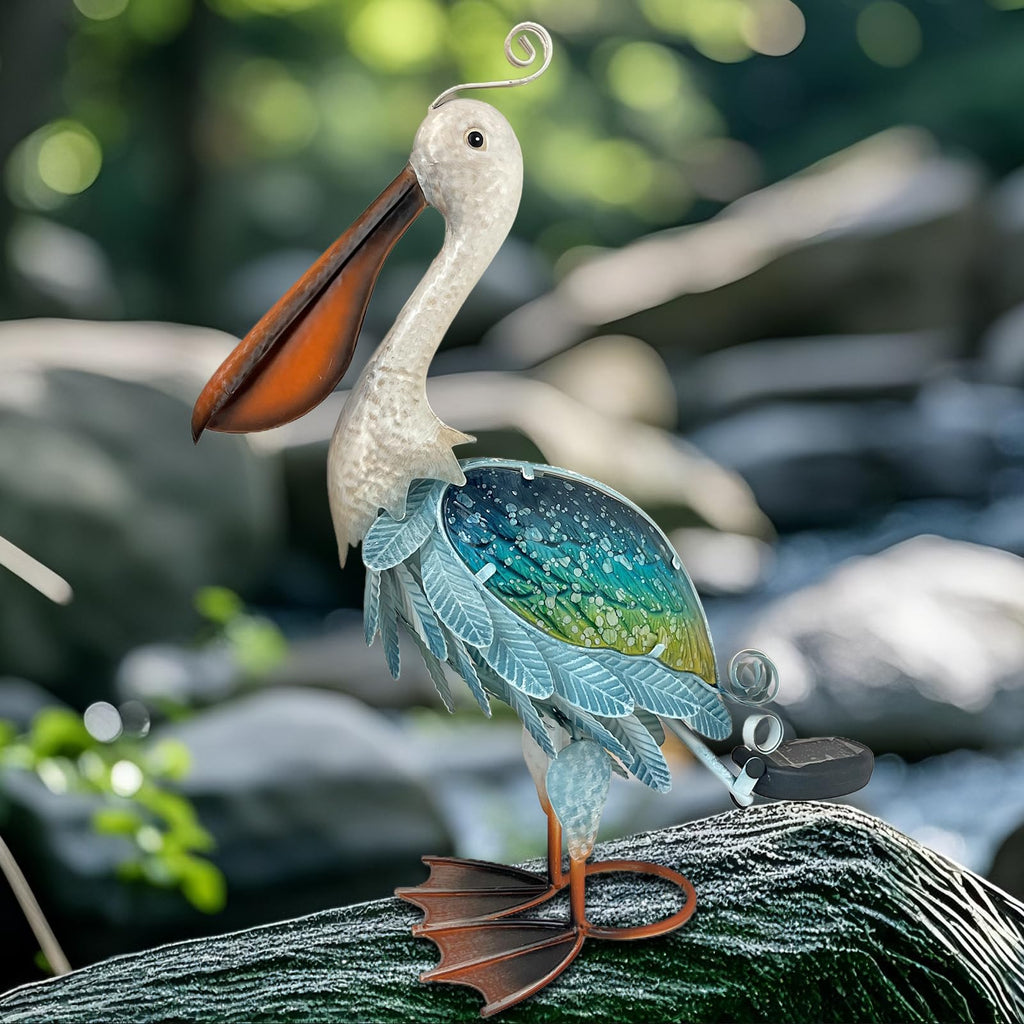Solar Metal Pelican Statues Garden Sculpture & Statues, 19 Inch Glass Outdoor Pelican Yard Art Coastal Ocean Bird