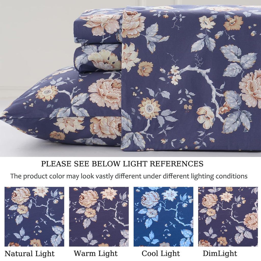 Navy Blue Floral Bed Sheets Set - King Size Percale Cotton Shabby Rustic Peony Flower Print Dark Bed Sheets - Soft