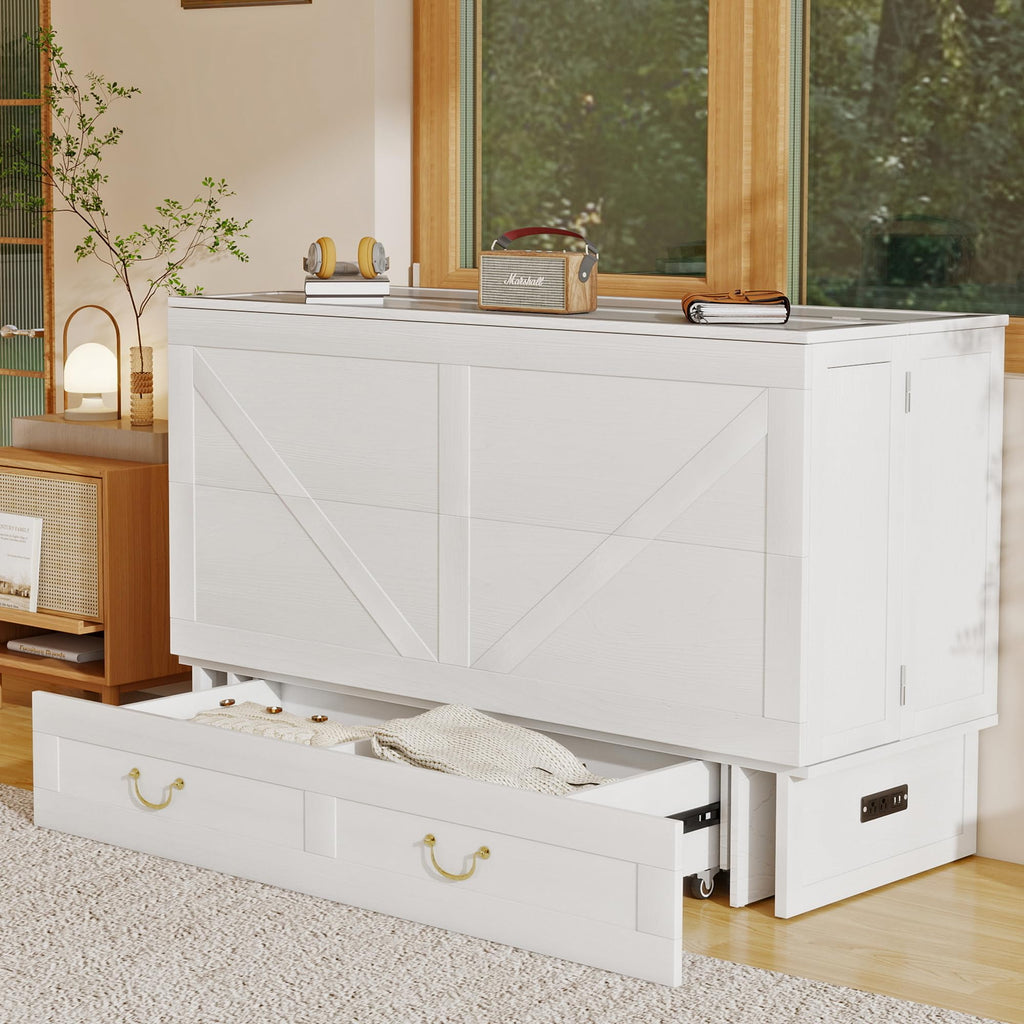 Solid Wood Murphy Bed Cabinet:Queen Size Murphy Bed with USB Charging Station and Large Storage Drawer, Optimize