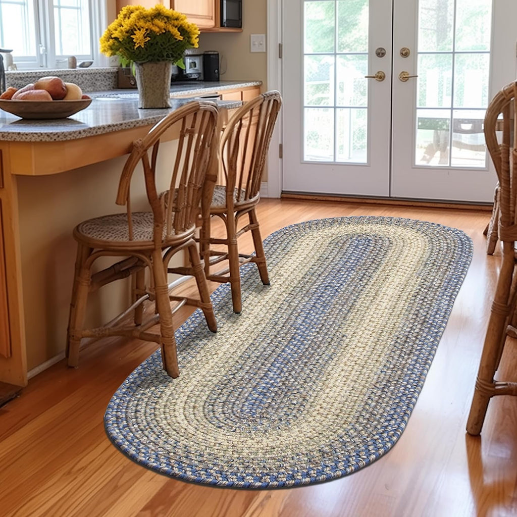 Braided Rugs Farmhouse Kitchen Rug - Ridgewood Braided Rug - Reversible - Indoor/Outdoor - Made in USA - Blue/Beige