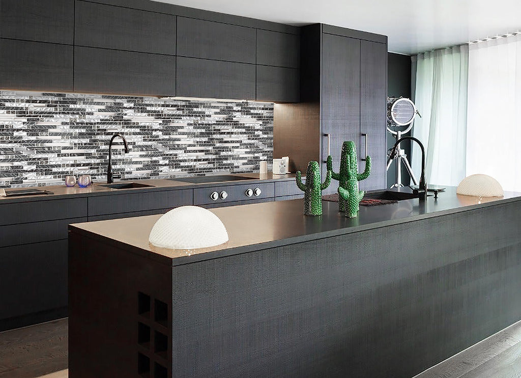 Black & White Glass Linear Tile Backsplash Bahtroom Wall Mosaic Sheets [Set of 5]
