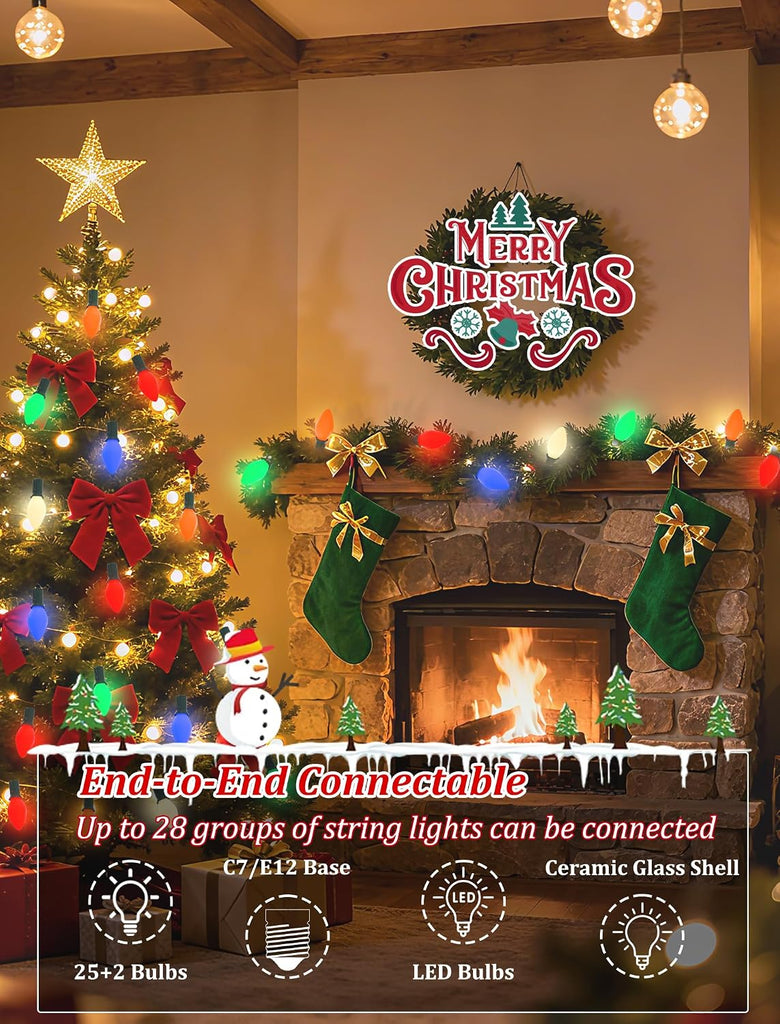 C7 LED Christmas String Lights 25FT, Vintage String Lights with 27 Multicolor Ceramic LED Bulbs, Outdoor Hanging