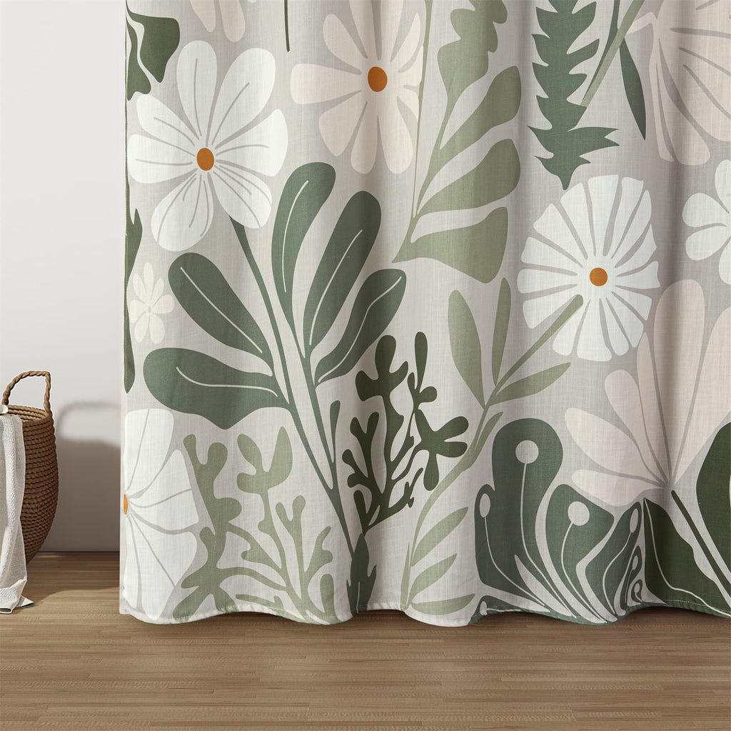 Cute Green Faux Linen for Aesthetic Bathroom Decor - Heavy Duty Modern Floral Matisse Spring Summer Flowers