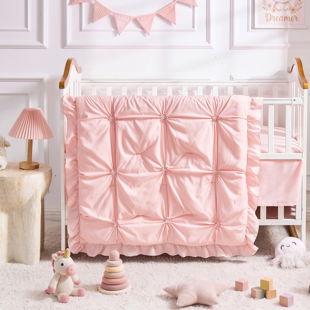 Princess Crib Bedding Set for Girls, 3 Piece Ruffles Jacquard Embroidery Baby Girl Crib Bedding Set Newborn, Infant &