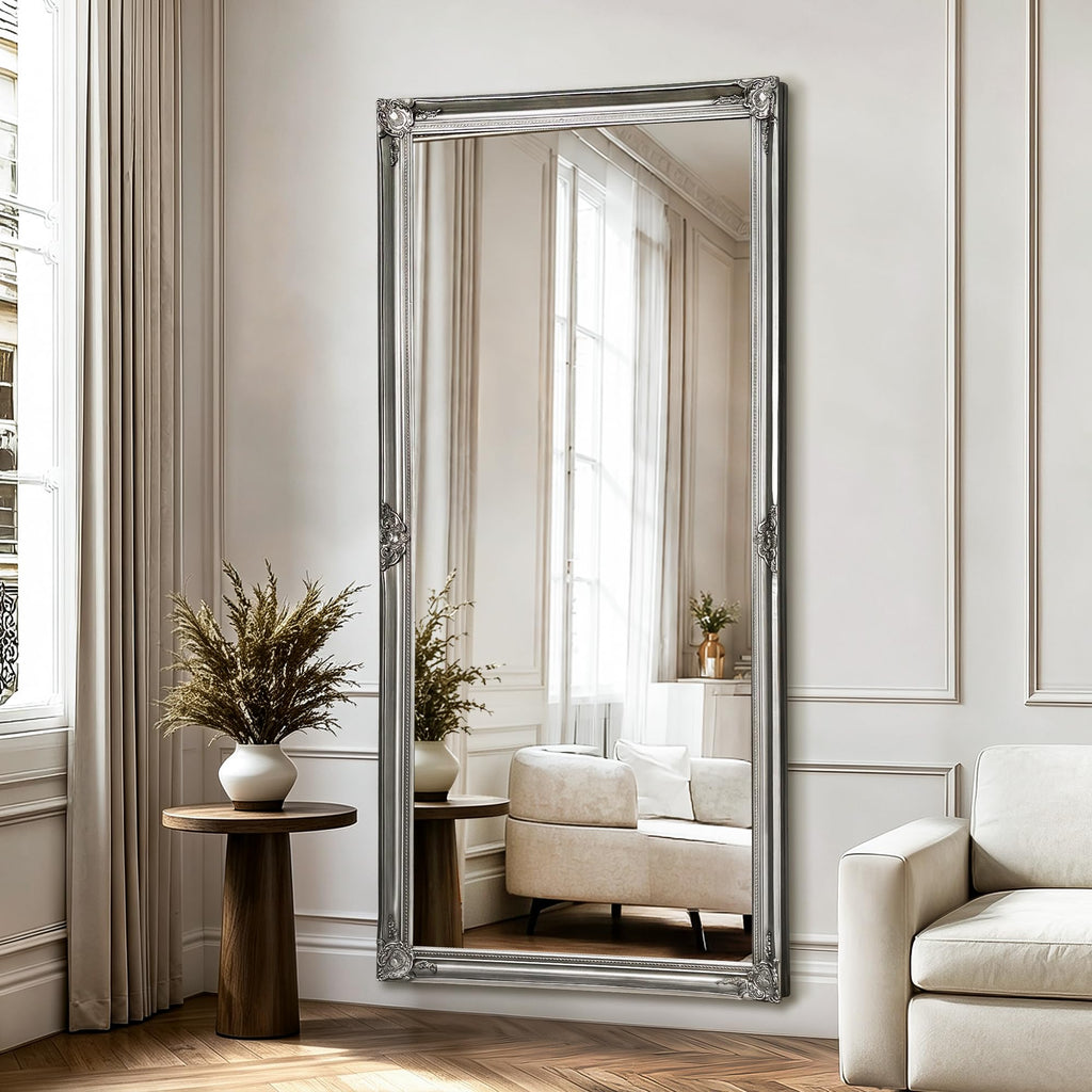 Vintage Silver Full Length Mirror, 75"x35"Baroque Antique Wood Mirror