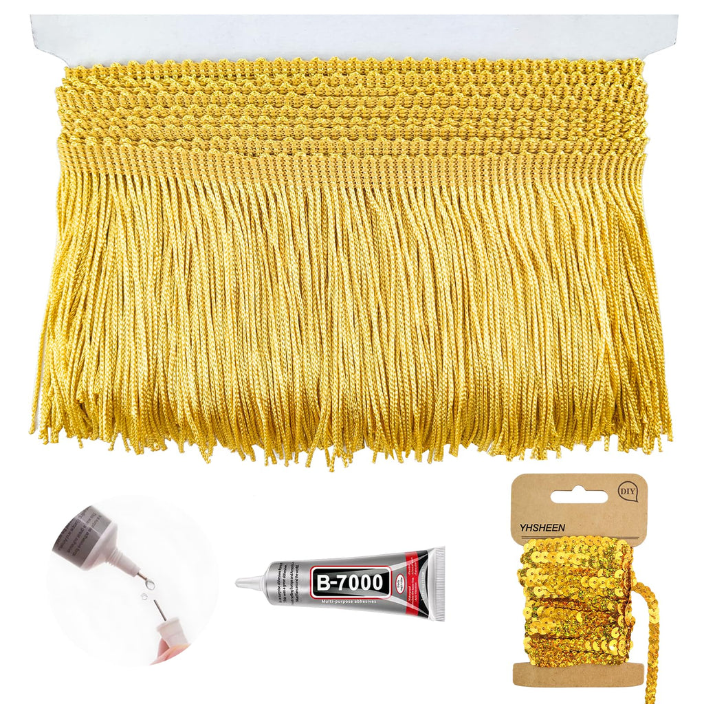 Gold Fringe Trim, 3Yards X 4Inch Fringe Trim with B7000 Glue for Crafts Wedding Birthday Party Decoration,Sewing