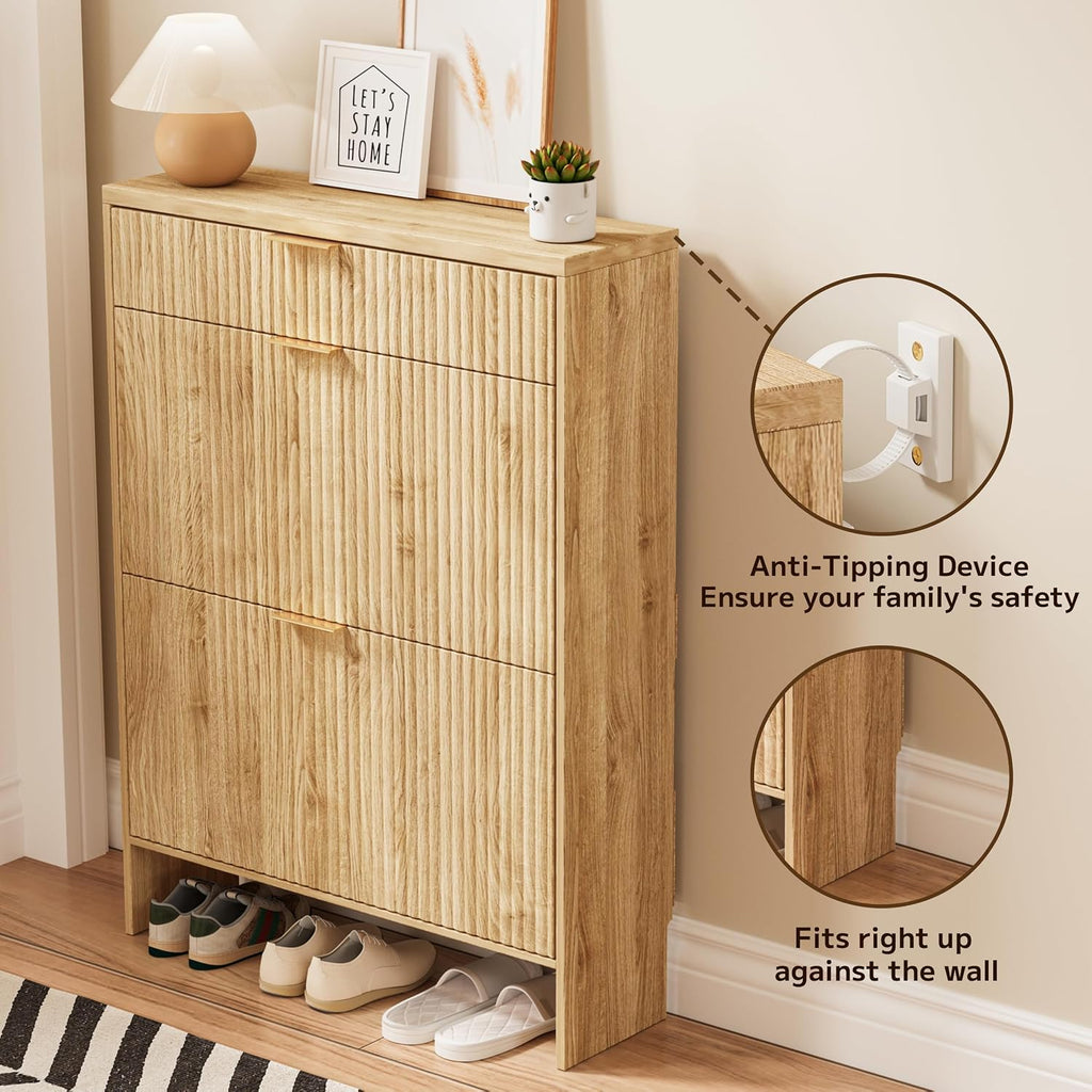 Fluted Shoe Cabinet Storage with 2 Flip Drawers & 1 Drawers, Wood Narrow Hidden Shoe Cabinet with Adjustable Shelf