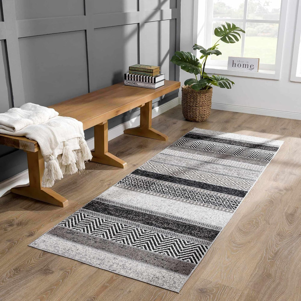 Middlestown Machine Washable Area Rug - Striped Geometric Diamond Chevron Herringbone - Farmhouse Modern Contemporary