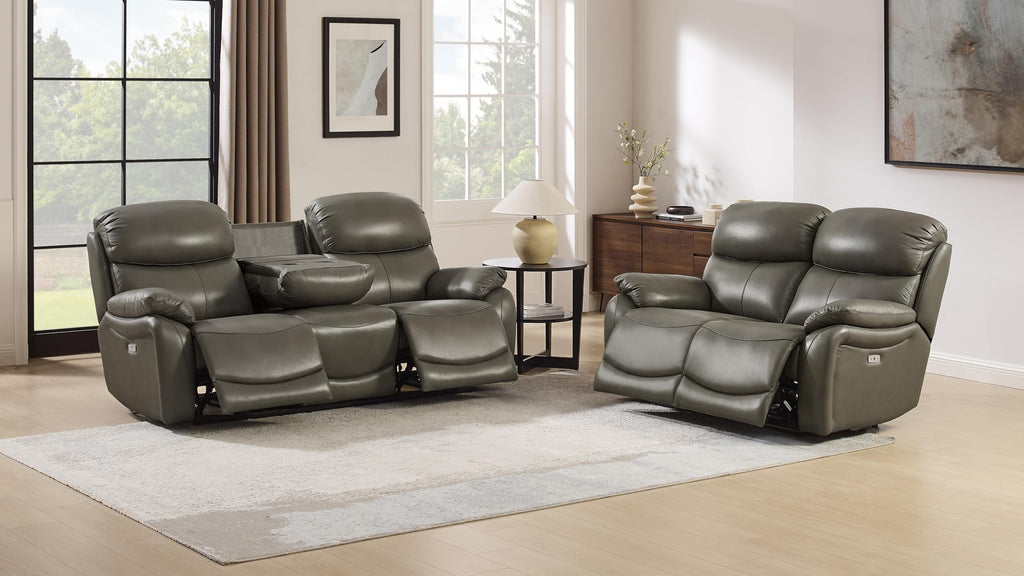 Grey Top Grain Leather Power Recliner Sofa Loveseat with USB Port.