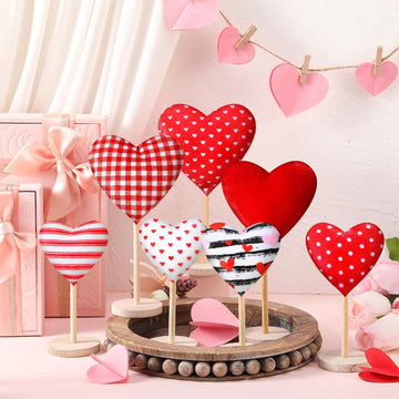 Valentine's Day Decorations Flocked Heart Table Decor Velvet Heart Wooden Sign Tall Standing Love Tabletop - Set of 7