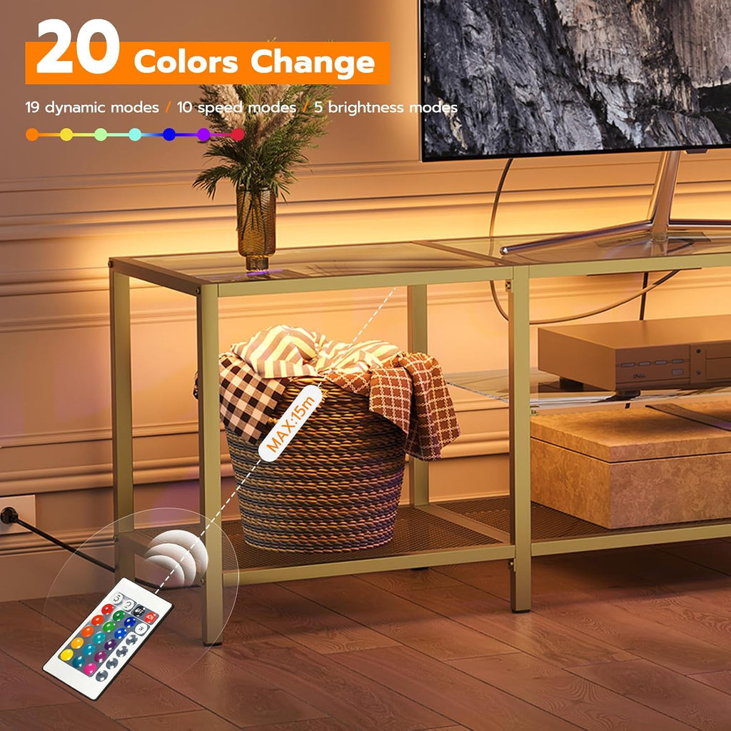 TV Stand with LED Lights and Power Outlets for TVs up to 75", Modern 70.9 Inch Tempered Glass TV Console Table with