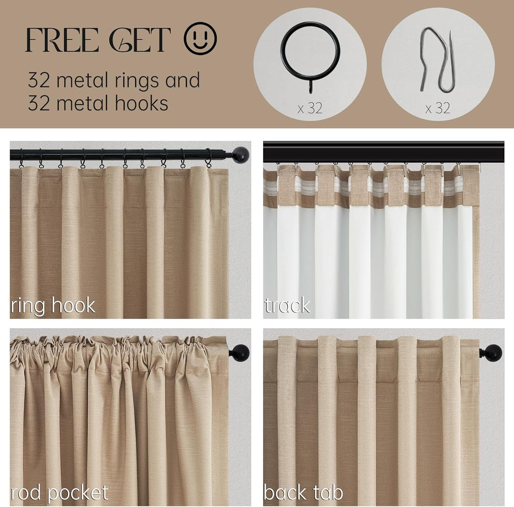 Light Taupe Blackout Textured 90 Inch Long Linen Blend Curtain Draperies Pinch Pleat Back Tab with Hooks Energy