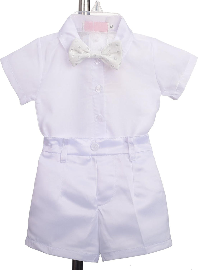 Infant Baby Boys' Christening Clothing Baptism Outfit 5 Pieces Suit Set with Bonnet, Short Sleeves, Ivory White