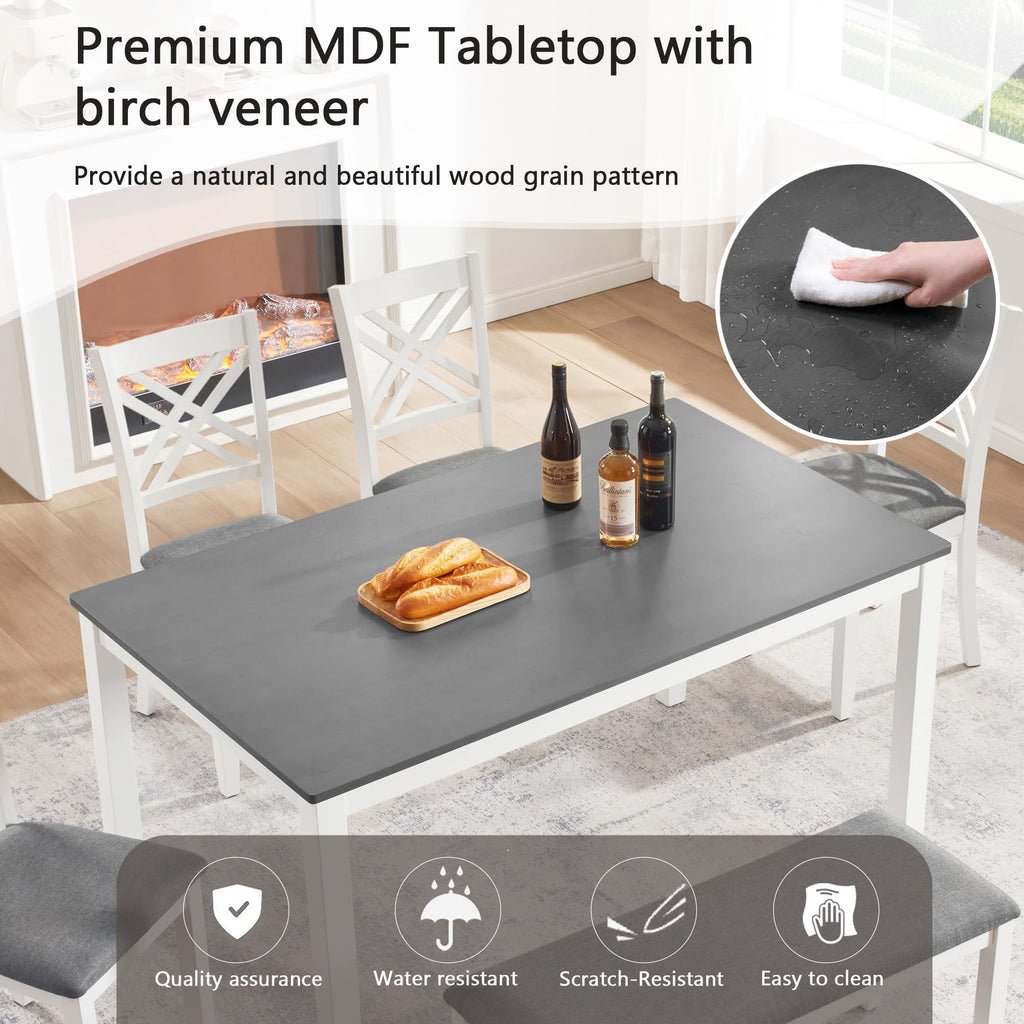 6 Piece Kitchen Dining Set, 58.5" Rectangular Rubber Wood Table with 4 Upholstered Chairs and Bench, Grey & White