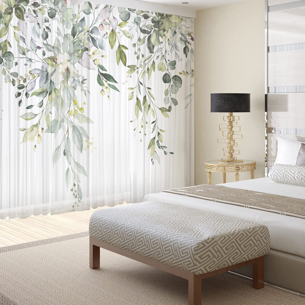 Green Eucalyptus Leaves Curtains 63 inch Length 2 Panels Set Elegant Wild Flower Floral Spring Printed Window Curtain