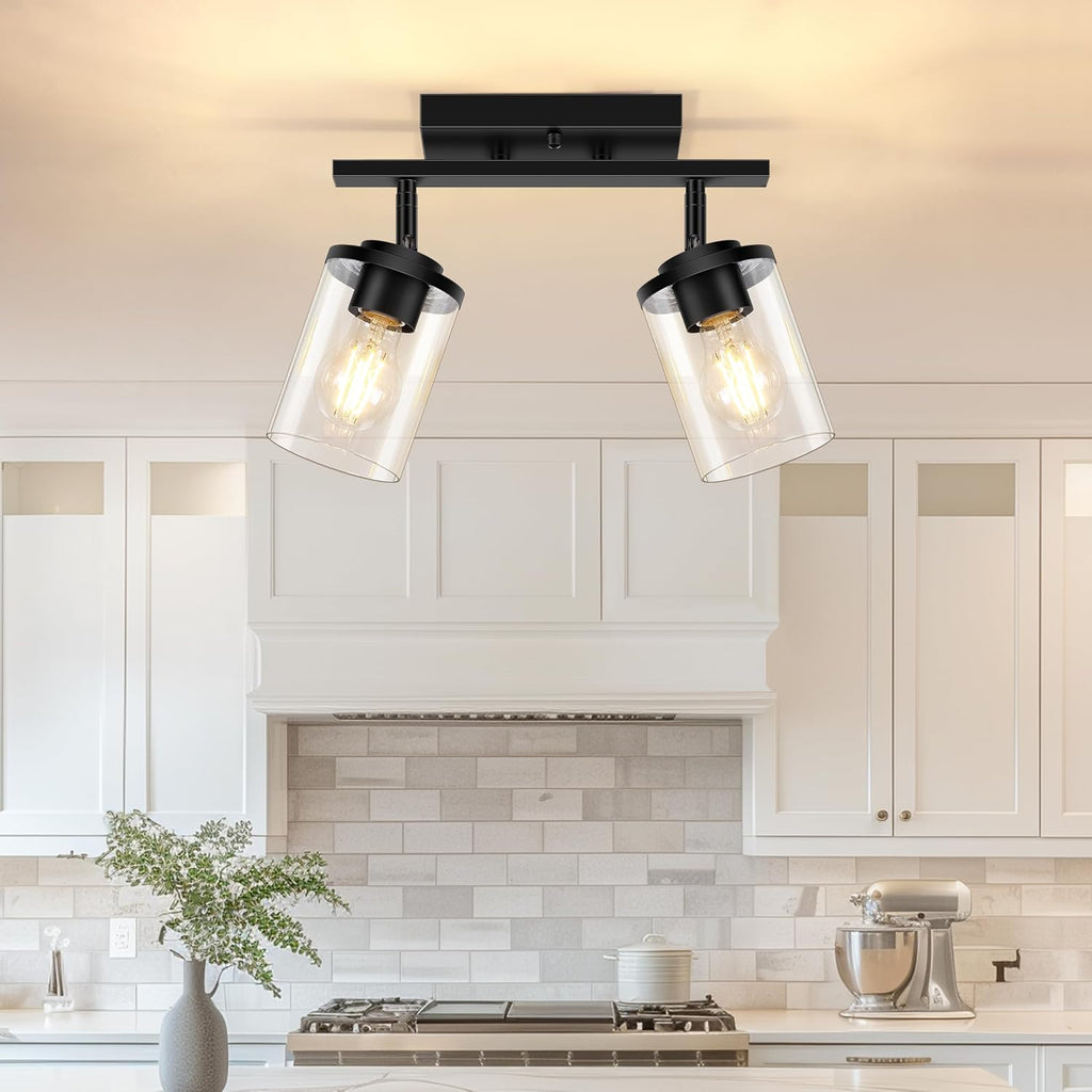 2-Lights Semi Flush Mount Ceiling Light, Modern Black Kitchen Light Fixtures Ceiling with Clear Glass Shade