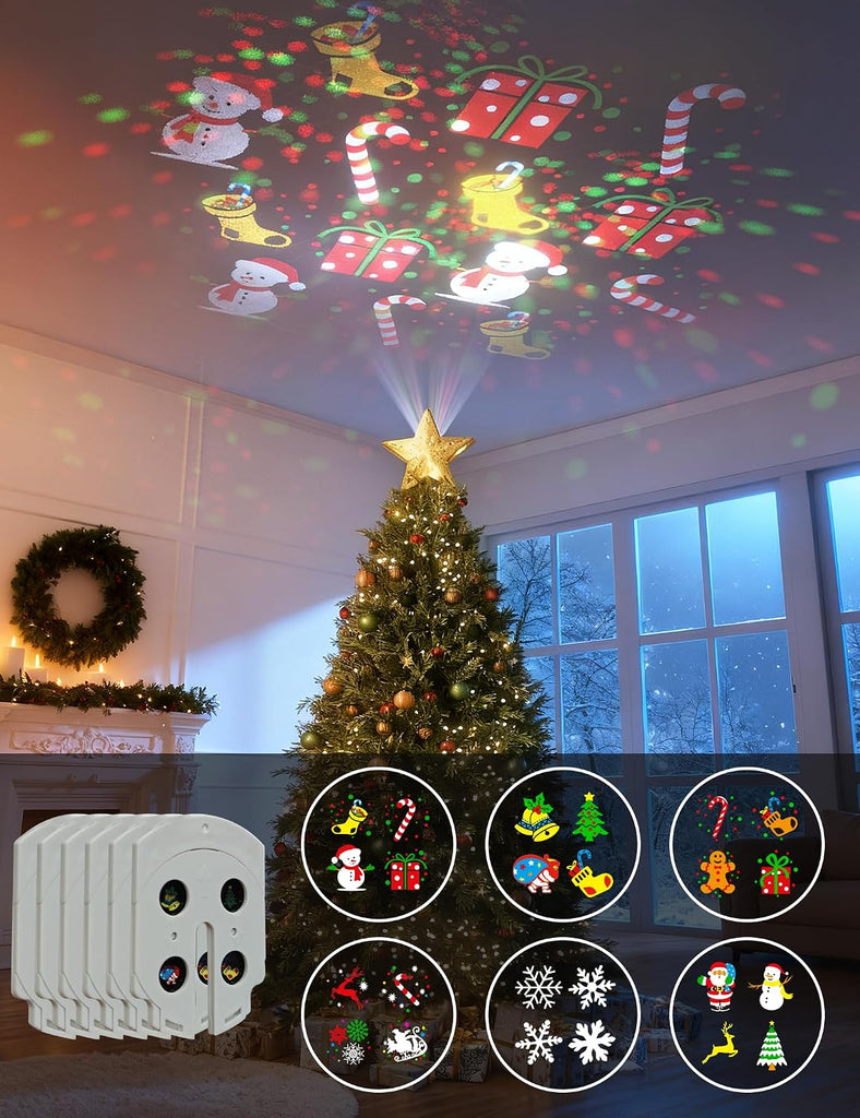 Lighted Christmas Tree Topper with 6 Projection Patterns, Gold