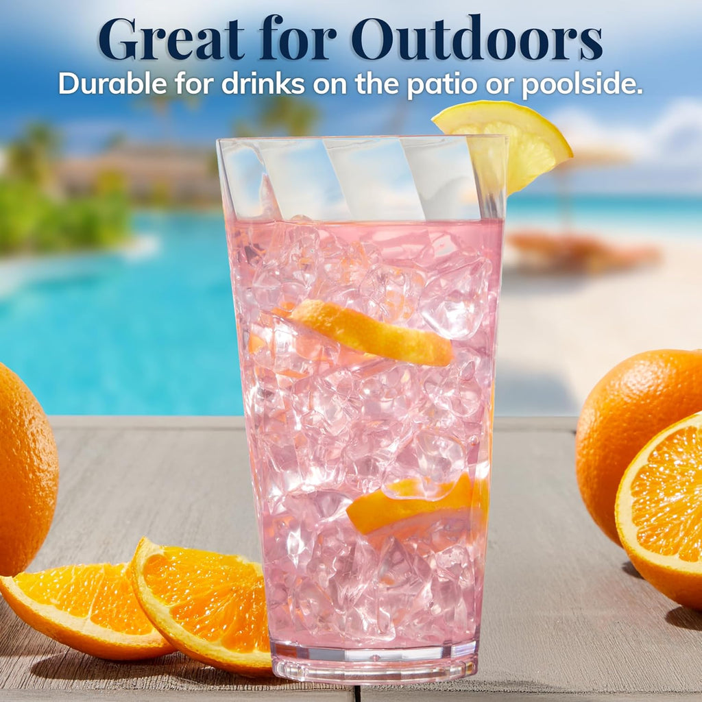 Optix Plastic Reusable Drinking Glasses (Set of 8) 20oz Water Cups in Clear | BPA-Free Tumblers, Made in USA |