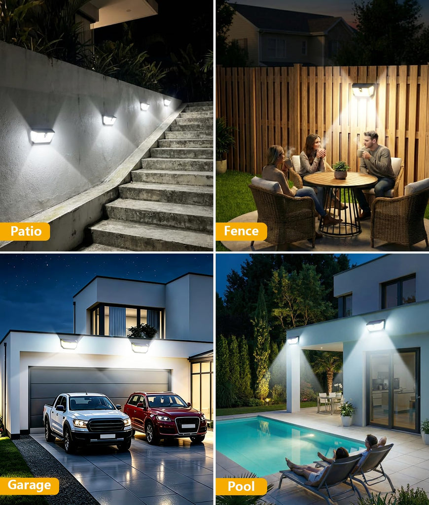 Solar Lights Outdoor Waterproof 4 Pack, 300° Angle & 3 Lighting Modes Motion Sensor Outdoor Lights, LED Solar