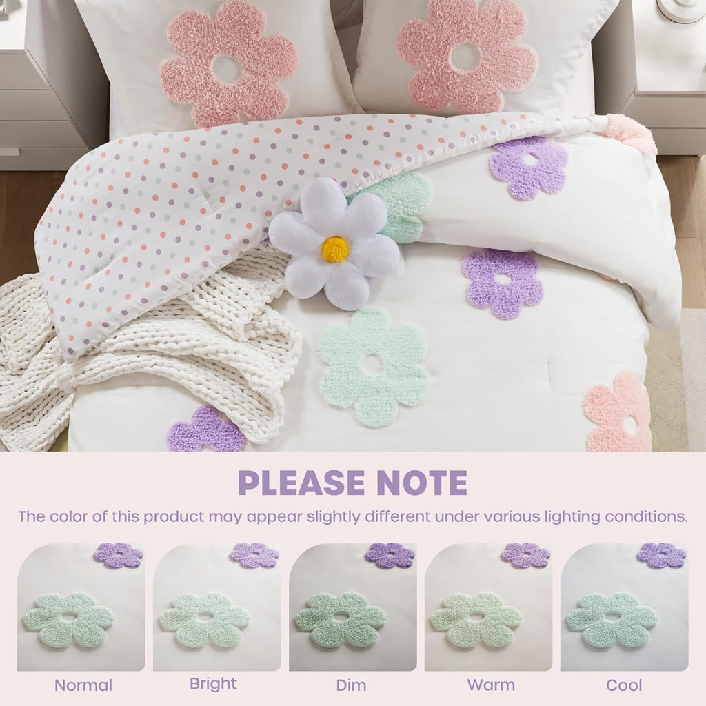 Kids Full Comforter Set for Girls, Tufted Chenille Floral Comforter Set Queen, Lightweight Polka Dot Reversible Bed