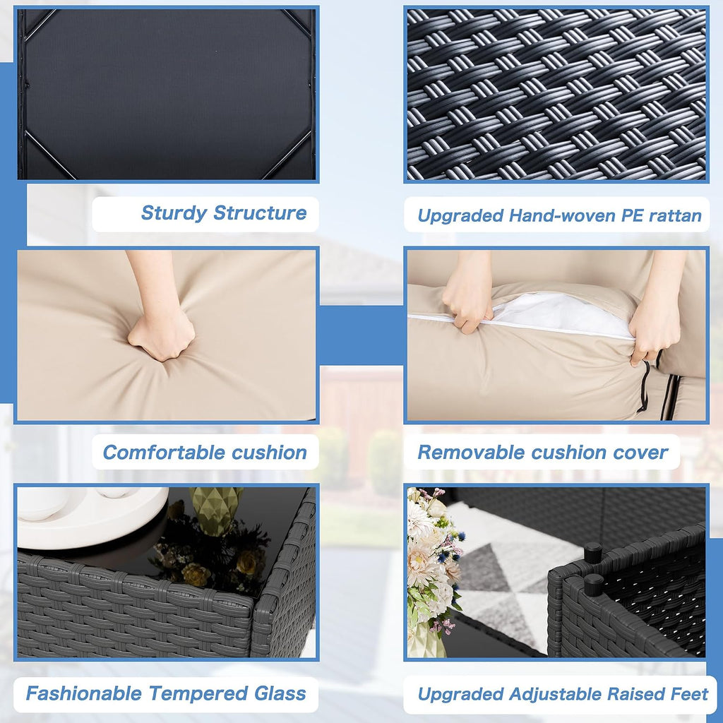 7 Pieces Outdoor Patio Sectional Sofa Couch, Wicker Furniture Conversation Sets with Washable Cushions & Glass Coffee