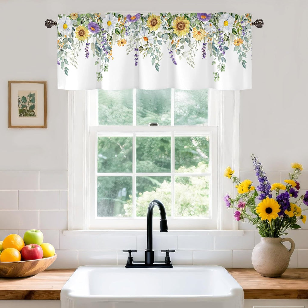 Spring Wildflower Flower Valance for Windows,Window Treatment Curtains Rod Pocket Sheer Small Short Valance for
