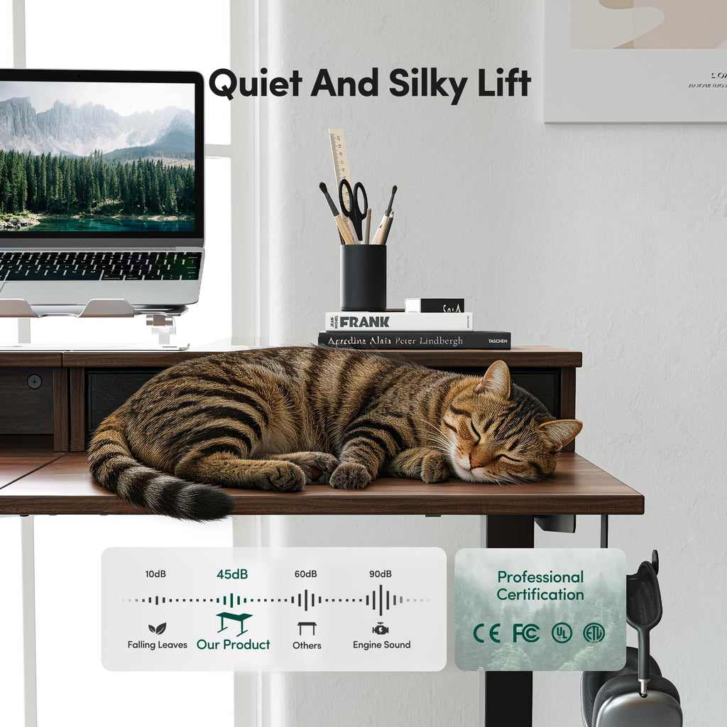 63"x48" L Shaped Standing Desk with Drawers & Shelf, Deep Walnut