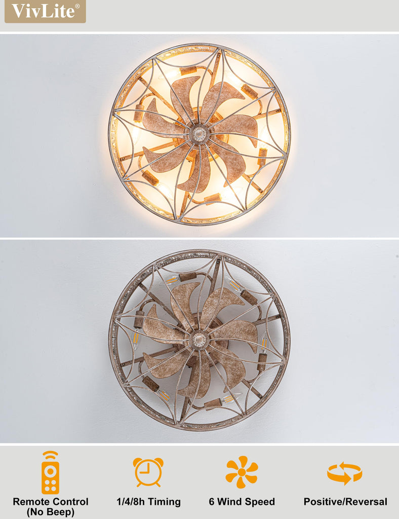 Ceiling Fan with Light, Wood-Look Cabin Cottage Drum Caged Fandelier