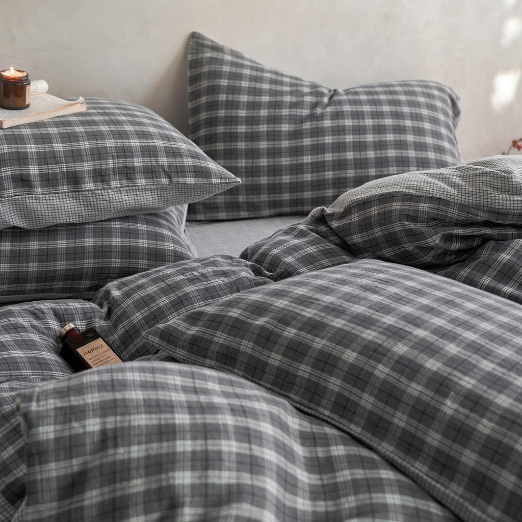 Vintage Grey Plaid Duvet Cover Gingham Bedding Set Full 100% Cotton Muslin Retro Plaid Checkered Comforter Cover Soft
