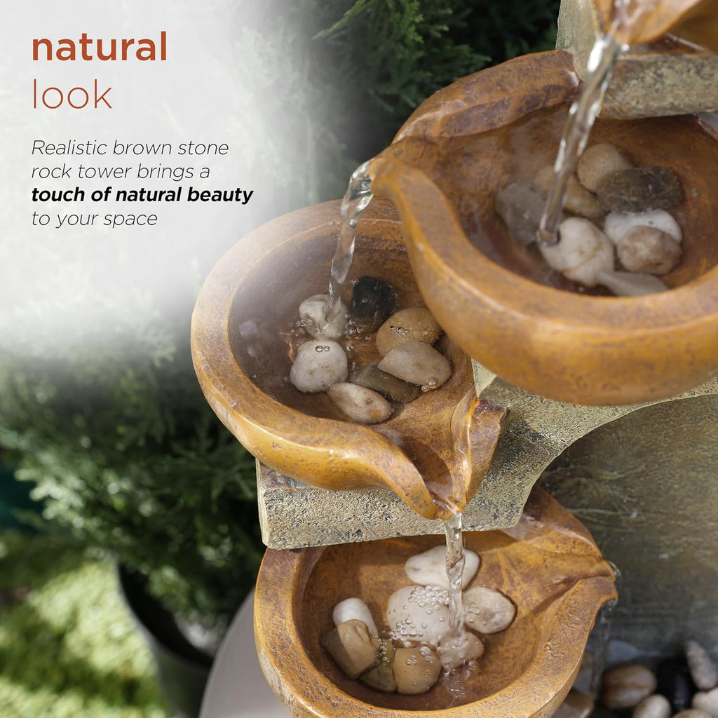 16"H Tabletop Tiered Pouring Pots Waterfall Fountain - Natural Stone-Look Finish Adds Rustic Charm - Brown