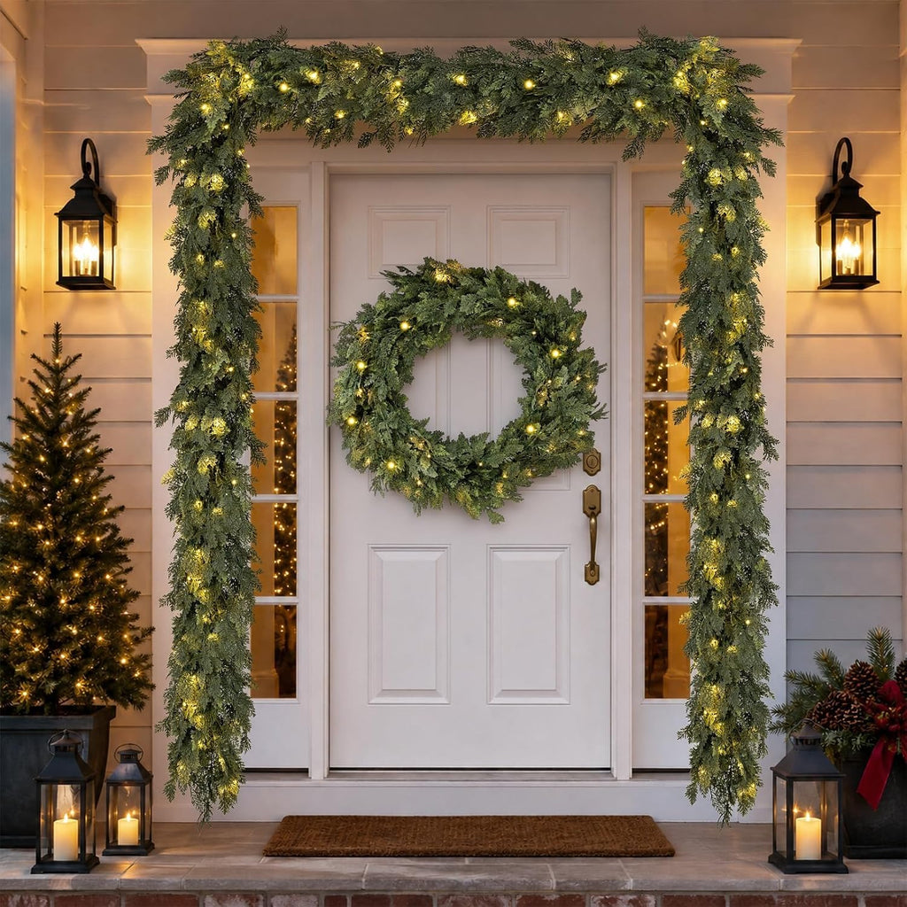Pre-Lit Christmas Garland 9FT Decorations Real Touch Cedar Cypress Pine Greenery Artificial Green Christmas Garland