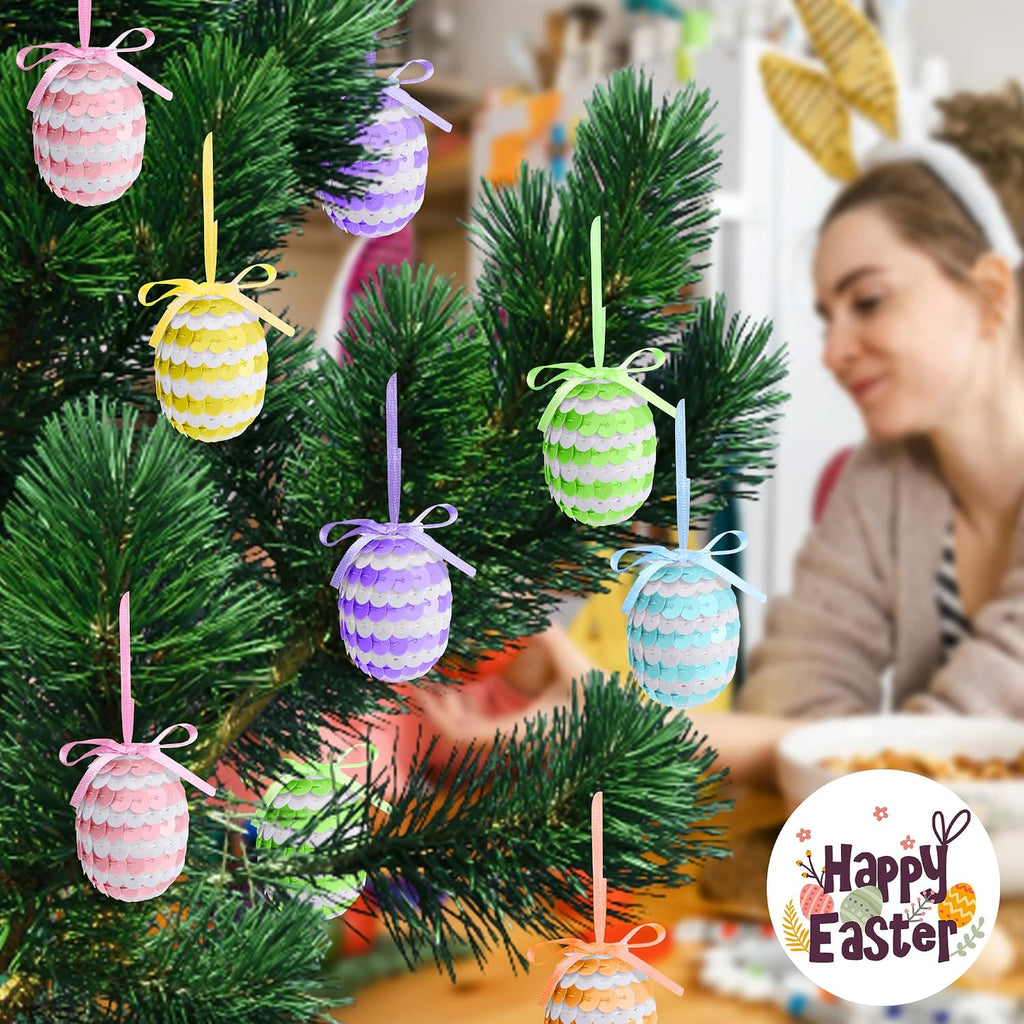 Easter Hanging Sequin Eggs, 1.6" Stripes Easter Eggs Ornaments with Bow, Glitter Spring Hanging Egg Tree - Set of 30