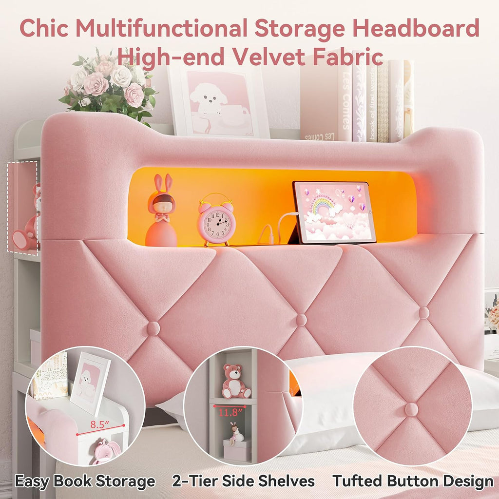 Twin Upholstered LED Bed Frame with 2 Storage Drawers and 2-Tier Storage Bookcase Headboard, Velvet Princess Platform