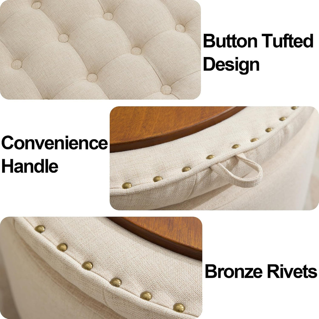 24'' Round Ottoman Coffee Table with Storage, Upholstered Tufted Ottoman with Flip Tray, Solid Wood Legs , Khaki