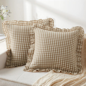 2 Pcs Ruffle Gingham Pillow Covers 20" x 20", Taupe/White Plaid