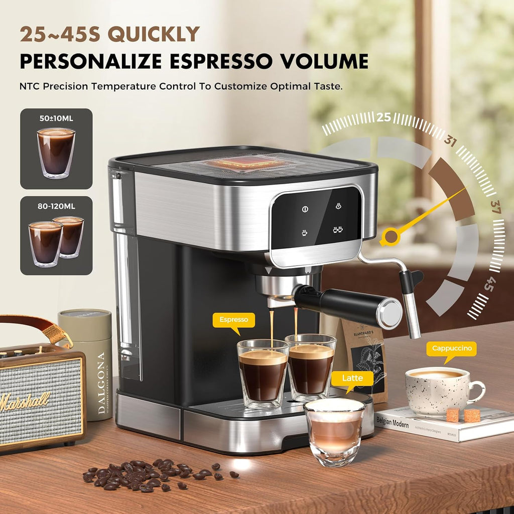 Compact 20 Bar Espresso Machine with Milk Frother & Touch Screen | 1200W Coffee Maker with 61OZ Removable Water Tank