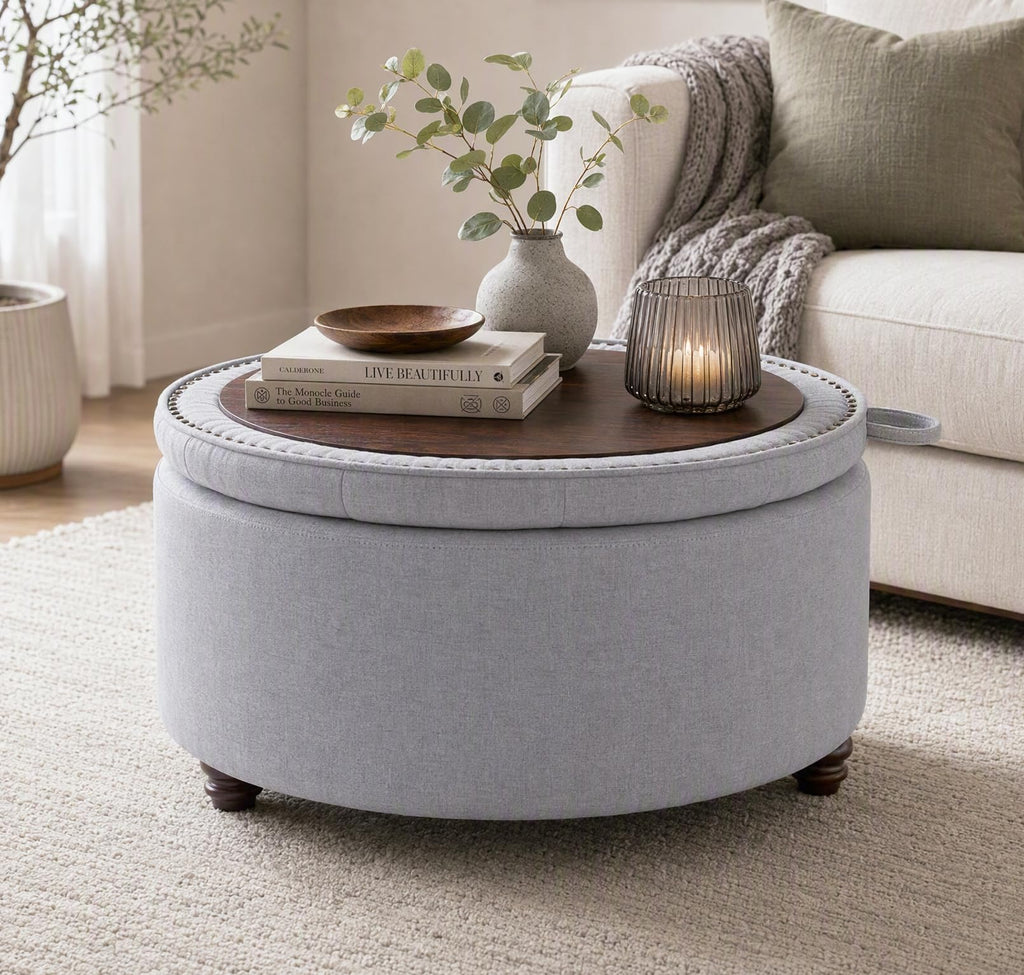 30" Round Storage Ottoman Coffee Table, Tufted Lid & Wood Top, Gray