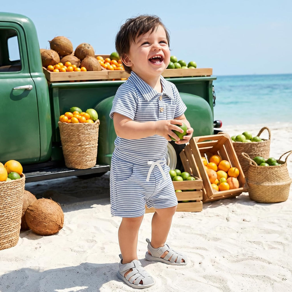 Newborn Baby Boy Summer Clothes Short Sleeve Top and Stripe Shorts Set 2 Piece Baby Boy Summer Waffle Outfit